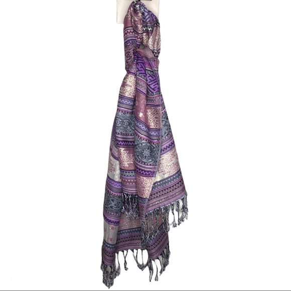 PASHMINA Tassle Trim Shawl/Scarf Purple/Gold One Size - Picture 5 of 7